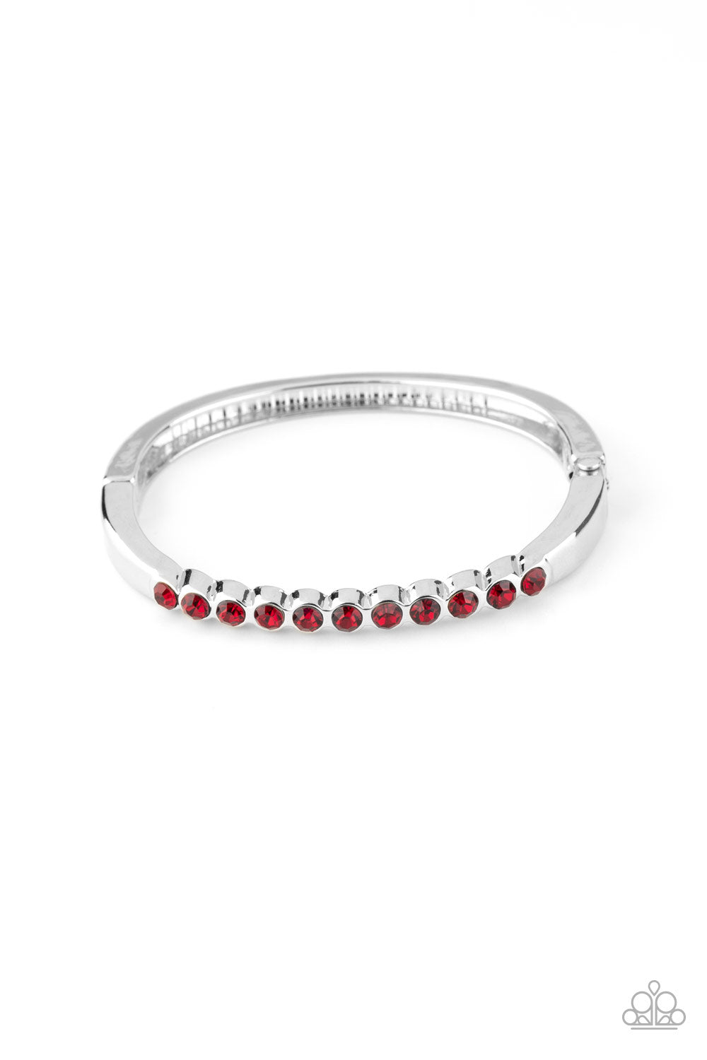 A row of glittery red rhinestones is encrusted across the top of a dainty silver cuff-like bracelet for a gorgeous finish. Features a hinged closure.
Sold as one individual bracelet.