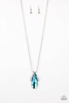 A white rhinestone encrusted frame and smooth silver frame overlap at the top of a faceted blue teardrop gem, creating a dramatic pendant. The refined pendant swings from the bottom of a rounded snake chain for a sleek finish. Features an adjustable clasp closure. Sold as one individual necklace. Includes one pair of matching earrings.