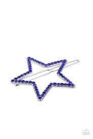 The front of an oversized silver star is encrusted in glittery blue rhinestones, creating an inspiring patriotic shimmer. Features a clamp barrette closure. Sold as one individual barrette.