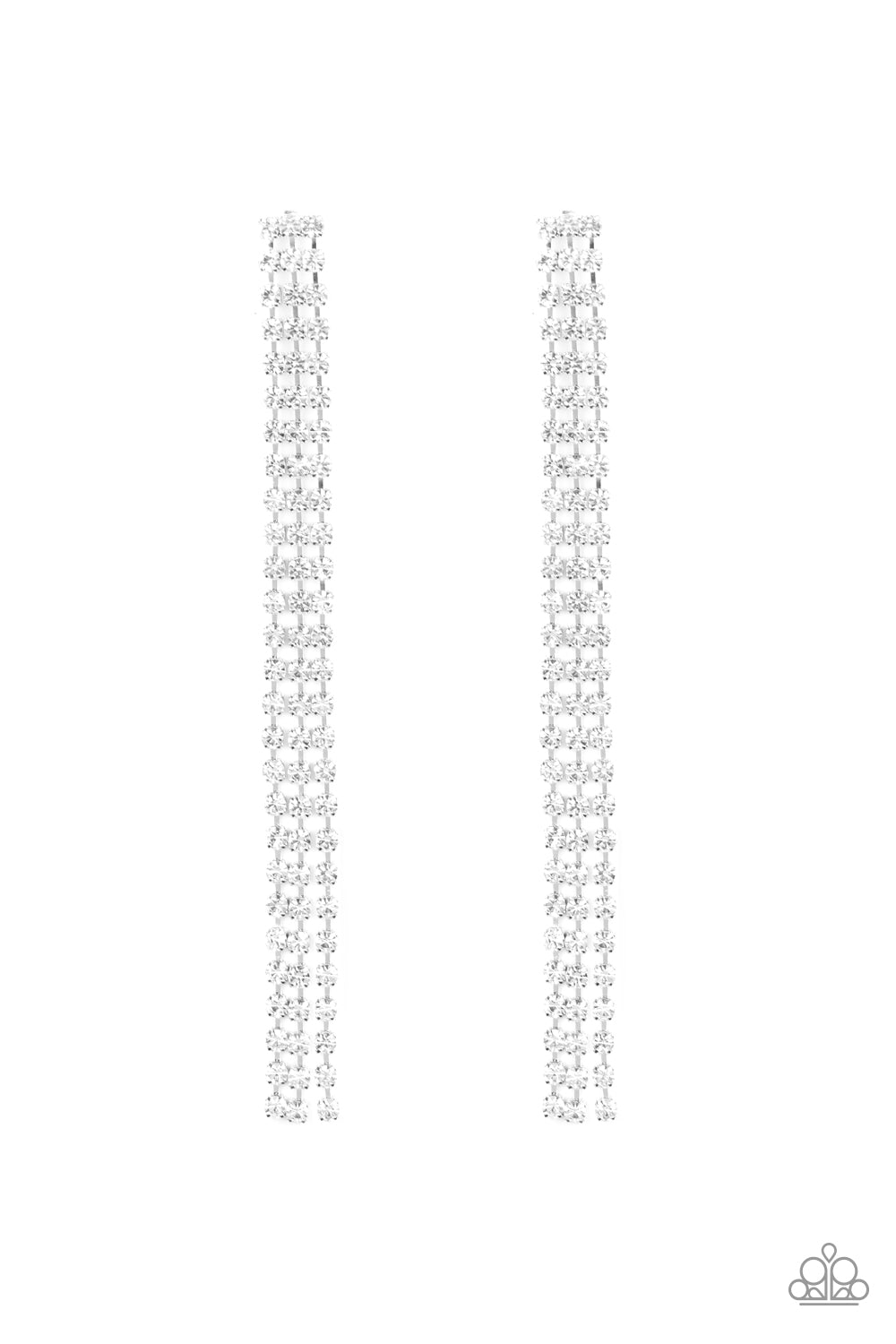 Three strands of glittery white rhinestones free-fall from the ear, coalescing into a timeless chandelier. Earring attaches to a standard post fitting. Sold as one pair of post earrings.