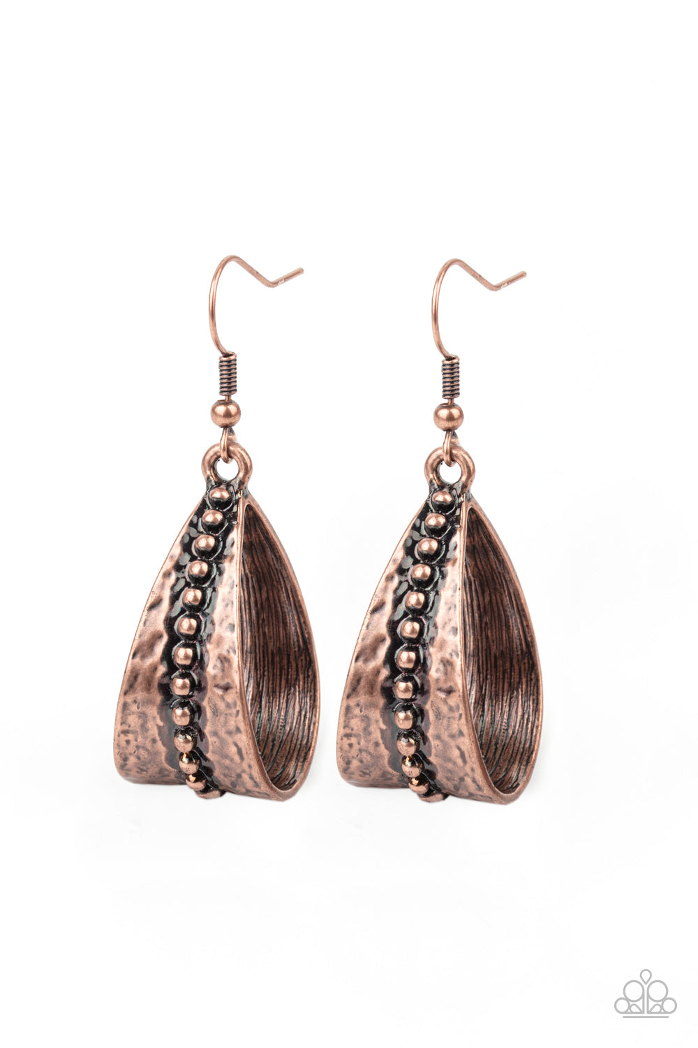 A row of antiqued studs dots the center of a hammered copper frame that curls into a rustic teardrop for a seasonal flair. Earring attaches to a standard fishhook fitting. Sold as one pair of earrings.