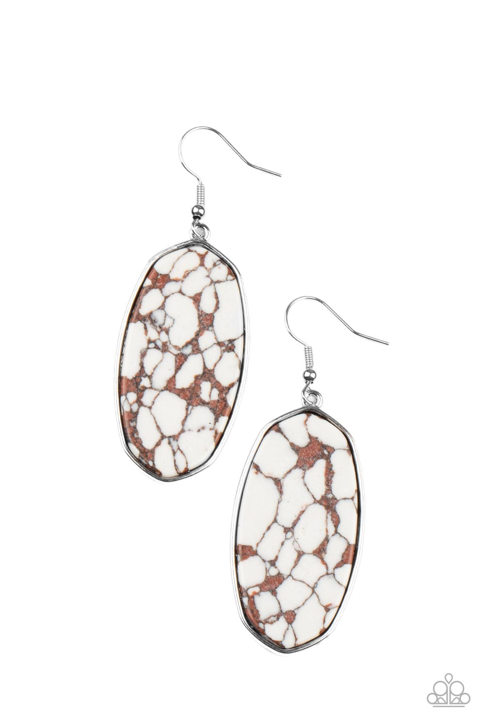 Featuring a faux marble finish, a flat brown and white stone is pressed into a sleek silver fitting for a colorfully seasonal look. Earring attaches to a standard fishhook fitting. Sold as one pair of earrings.