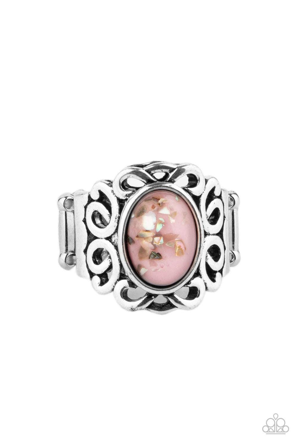 Flecked in iridescent shell-like pieces, a sparkly pink bead is nestled atop a frilly backdrop of shimmery silver filigree for a whimsical pop of color. Features a stretchy band for a flexible fit. Sold as one individual ring.