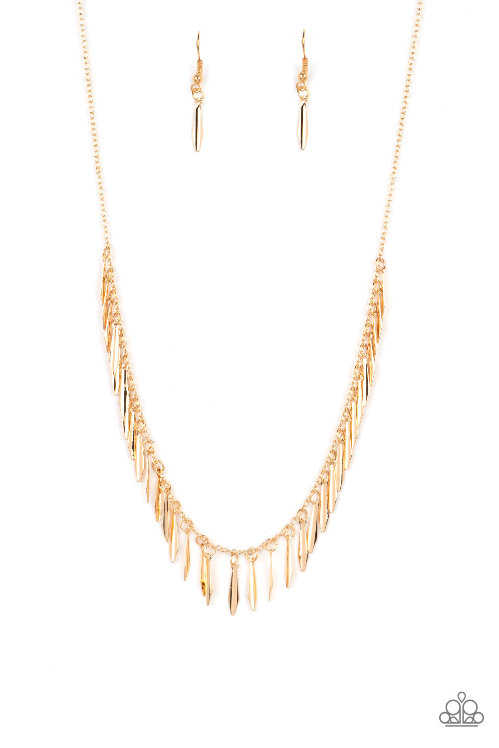 Dainty gold bars with a subtle curvature along their center, dance vivaciously along a gold chain to create a fierce fringe along the neckline. Each gold bar is flared at the bottom, expanding its light-catching surface to exaggerate the gleam that radiates from this monochromatic mashup. Features an adjustable clasp closure. Sold as one individual necklace. Includes one pair of matching earrings.