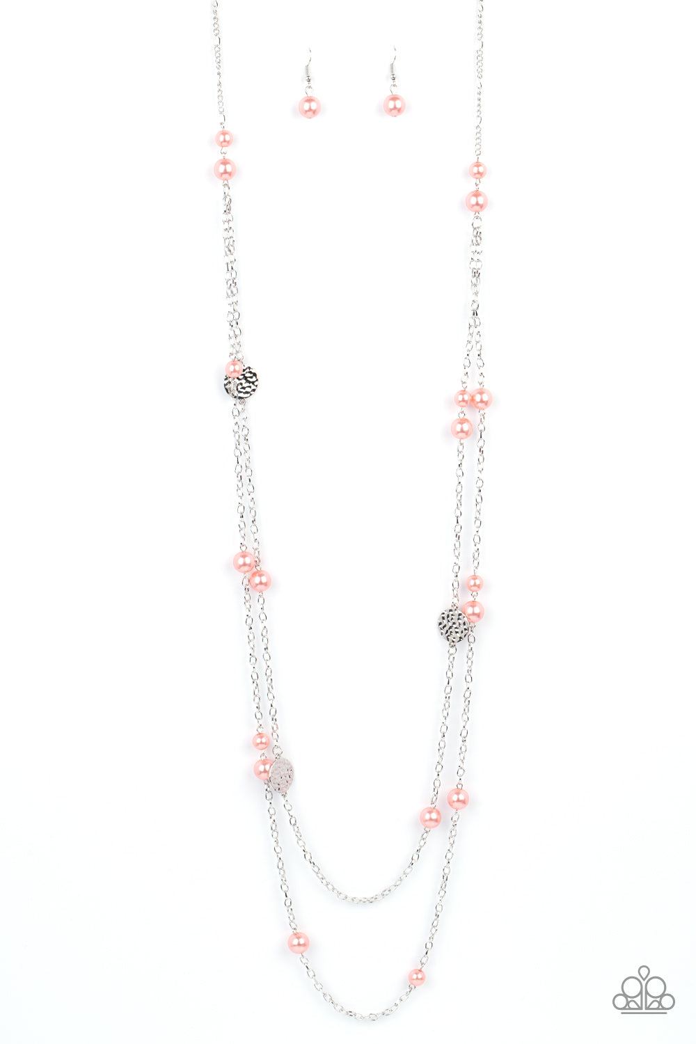 Double strands of lengthened silver chains are adorned with soft light orange pearls. Three shiny hammered silver discs create bold asymmetrical accents for an eye-catching finish. Features an adjustable clasp closure. Sold as one individual necklace. Includes one pair of matching earrings.