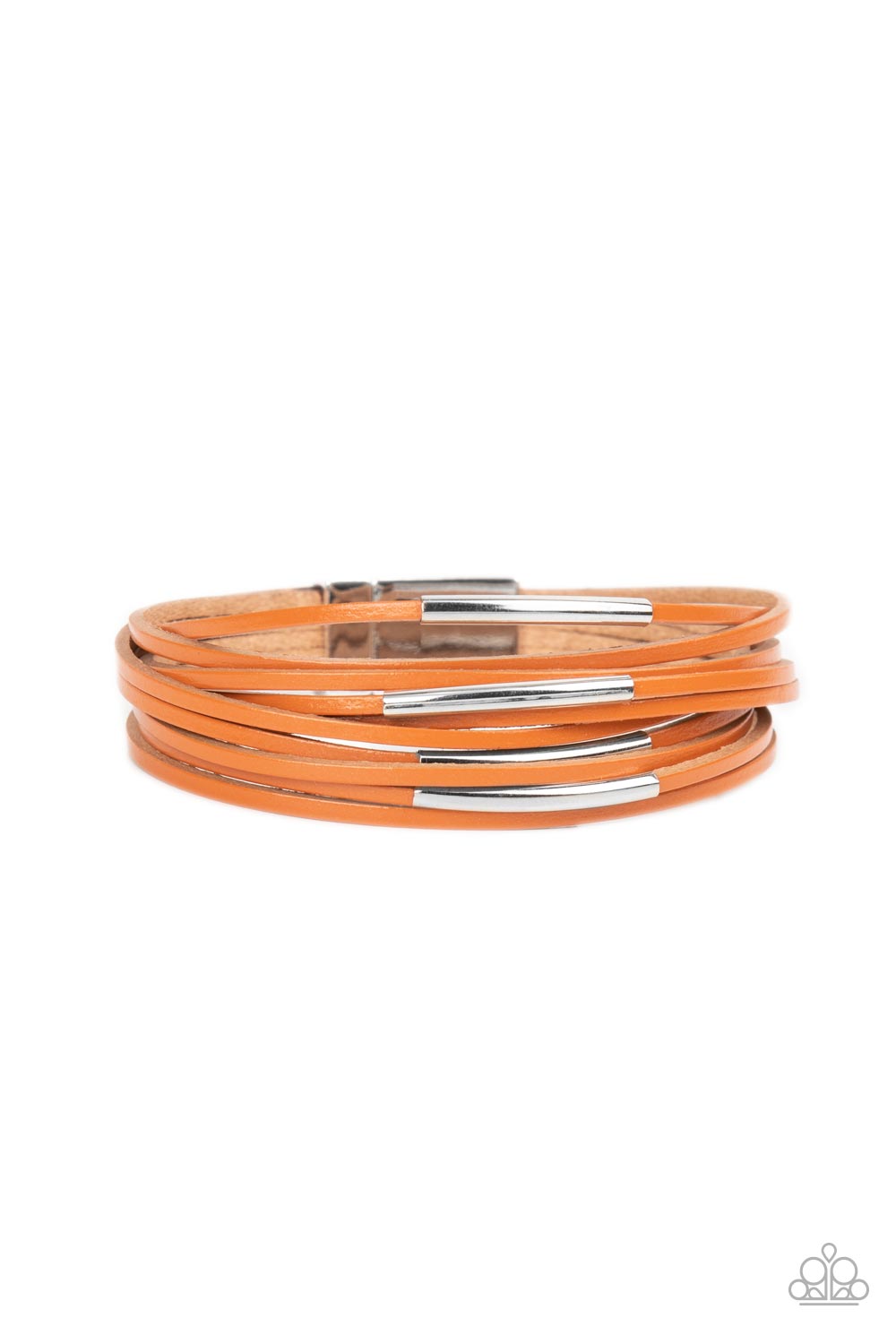 Sporadically adorned with shiny silver frames, dainty orange leather bands layer around the wrist for a refined flair. Features a magnetic clasp closure. Sold as one individual bracelet.