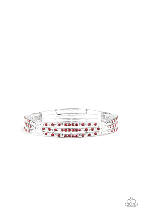 Sporadically dotted in rows of glittery red rhinestones and shiny silver studs, stacked silver frames are threaded along a stretchy band around the wrist for a refined look.
Sold as one individual bracelet.