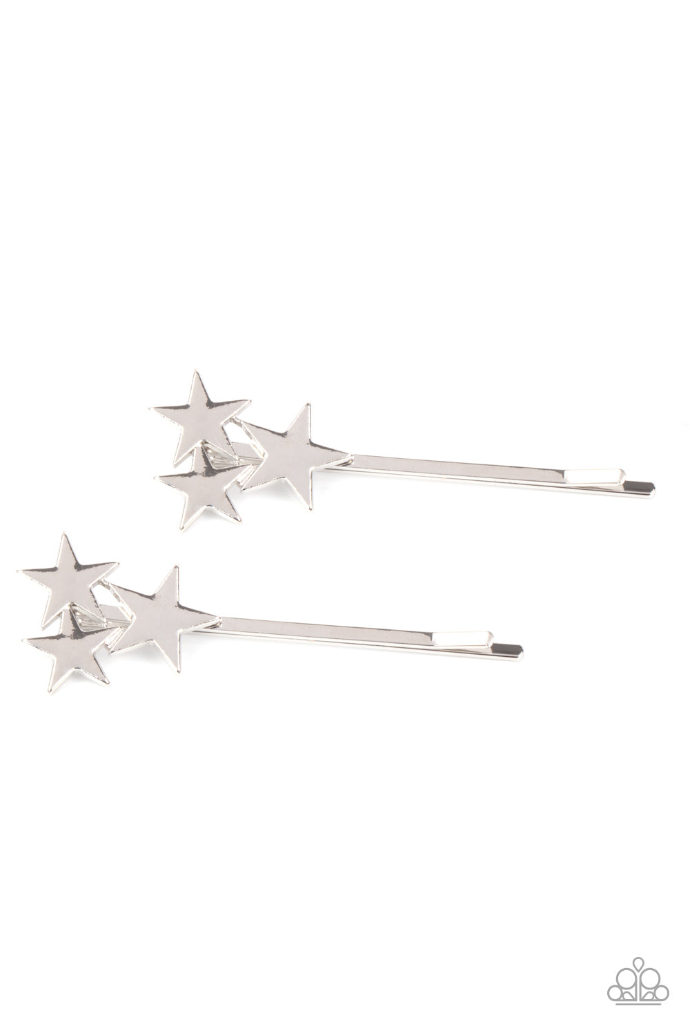 A trio of shiny silver stars cluster at the corner of a classic silver bobby pin for a stellar look. Sold as one pair of decorative bobby pins.