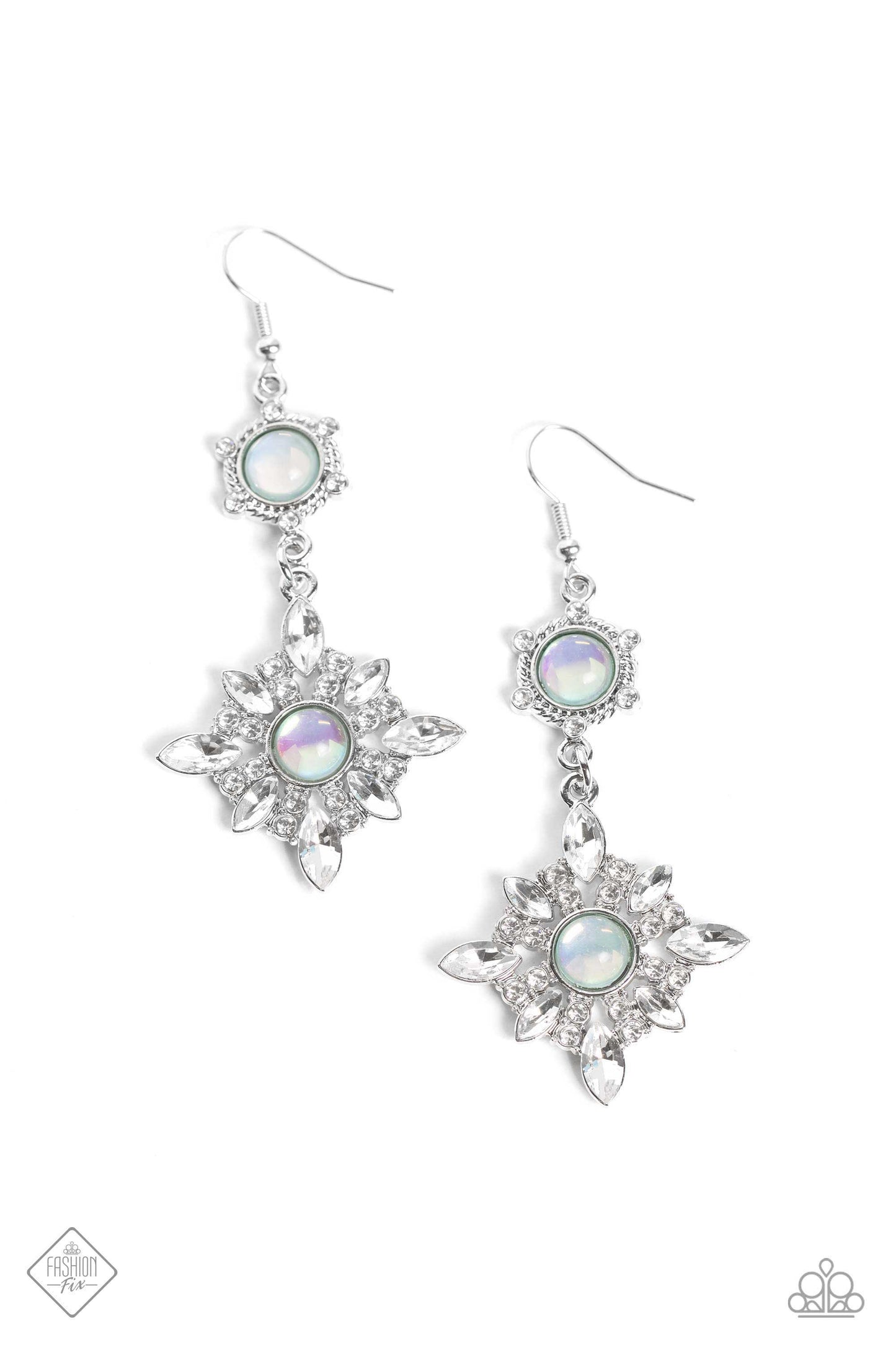 A spiral-textured silver frame featuring dainty white rhinestone accents and a glassy opalescent green bead center anchors a dazzling floral frame. The white marquise-cut gem petals and glassy opalescent center are accented by stacked white rhinestones, highlighting the handcrafted features and sheen of the design. Earring attaches to a standard fishhook fitting. Sold as one pair of earrings.