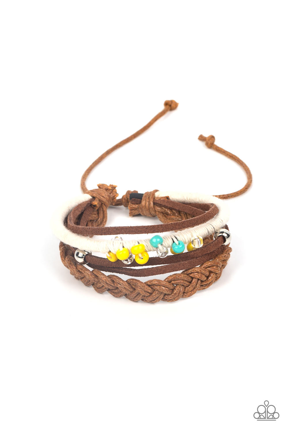 Infused with a pair of silver beads and rows of blue and yellow seed beads, mismatched suede, cord, and braided bands layer around the wrist for an adventurous vibe. Features an adjustable sliding knot closure. Sold as one individual bracelet.