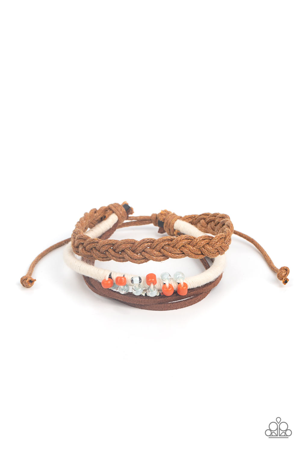 Women's brown leather and white twine bracelet with orange and clear beads