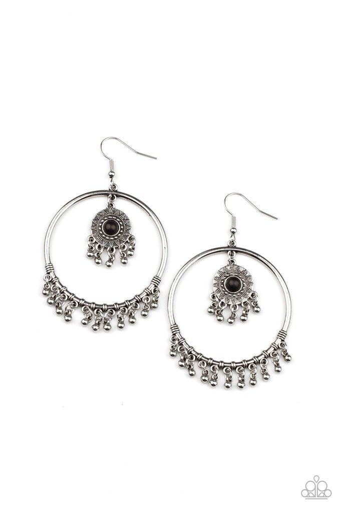 Dotted with a black stone, a dainty sunburst studded frame swings from the top of a shiny silver hoop featuring a silver beaded fringe for a trendy stone look. Earring attaches to a standard fishhook fitting. Sold as one pair of earrings.