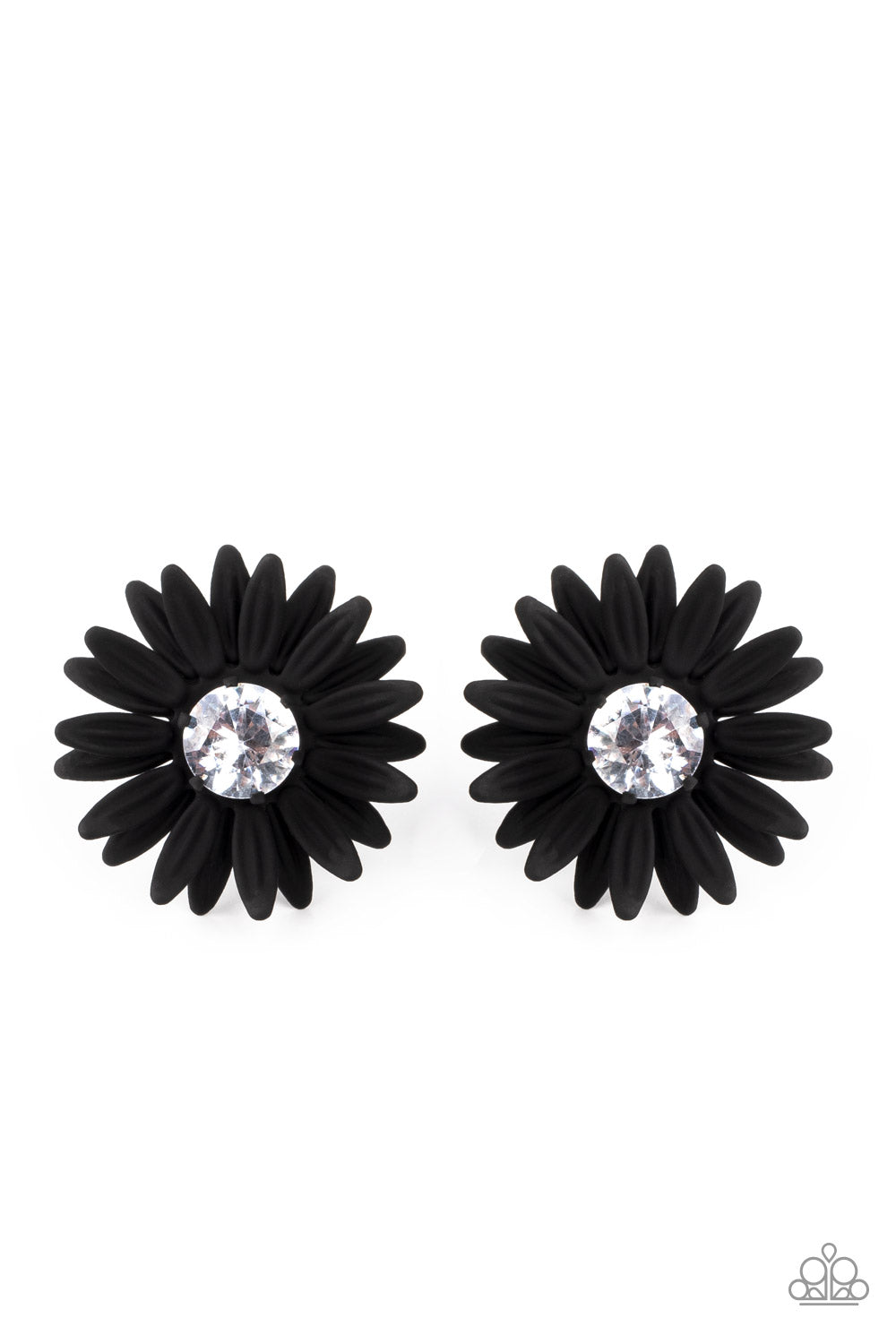 Layers of black petals fan out from an oversized white rhinestone fitting, blooming into a sparkly floral centerpiece. Earring attaches to a standard post fitting. Sold as one pair of post earrings.