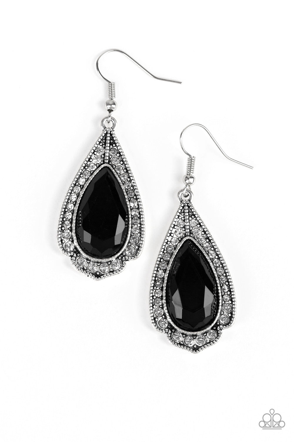 Featuring a regal teardrop cut, a black gem is pressed into a silver spade shaped frame radiating with glassy white rhinestones for a refined look. Earring attaches to a standard fishhook fitting. Sold as one pair of earrings.