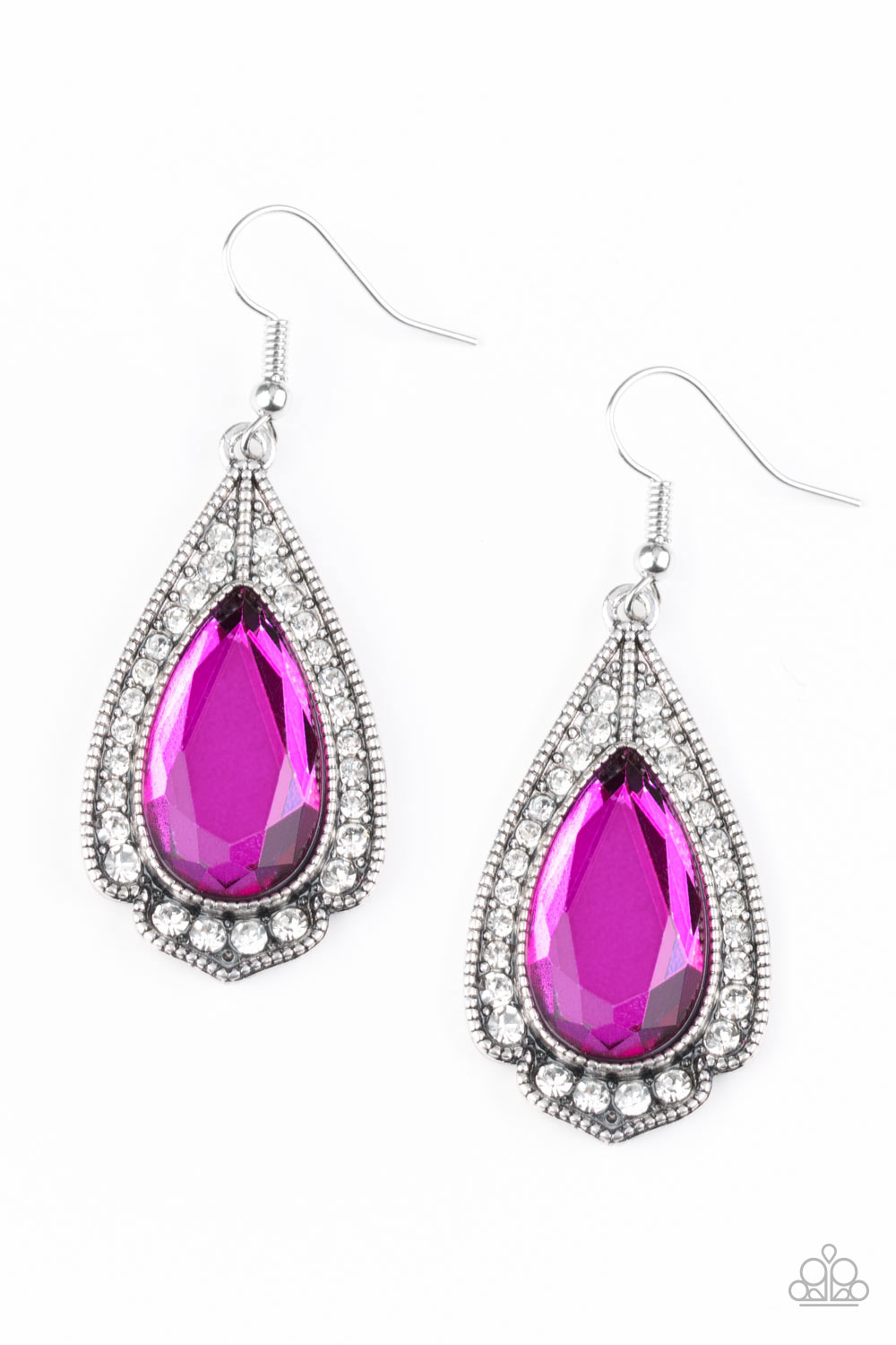 Featuring a regal teardrop cut, a pink gem is pressed into a silver spade shape frame radiating with glassy white rhinestones for a refined look. Earring attaches to a standard fishhook fitting. Sold as one pair of earrings.