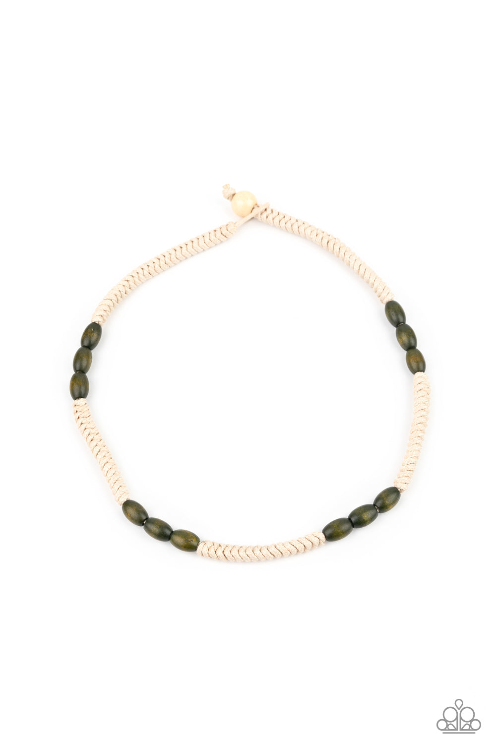 Tinted in the earthy shade of Military Olive, trios of wooden beads are strung along strands of white braided cording for a beach inspired look below the collar. Features a button loop closure. Sold as one individual necklace.