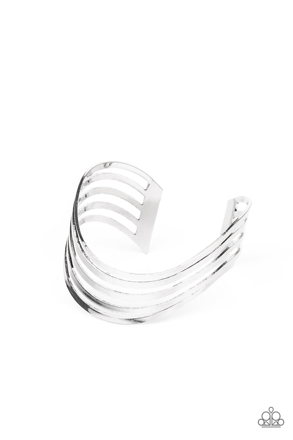 Layers of flat silver bars delicately curve in a wavy fashion across the wrist, coalescing into an airy cuff. Sold as one individual bracelet.