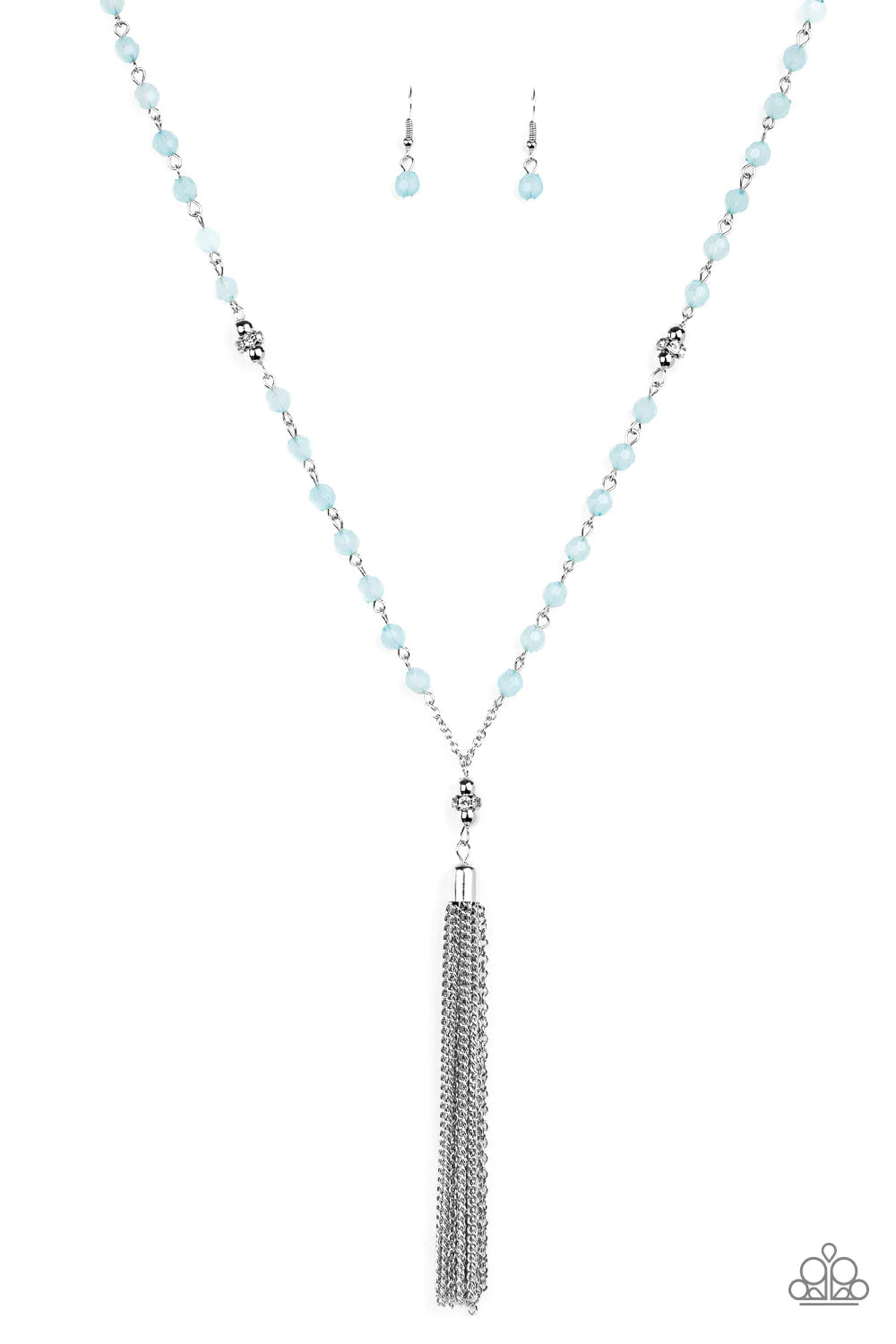 Blue opaque crystal-like beads, shiny silver beads, and white rhinestone encrusted rings give way to a shimmery silver tassel for a whimsical look. Features an adjustable clasp closure. Sold as one individual necklace. Includes one pair of matching earrings.