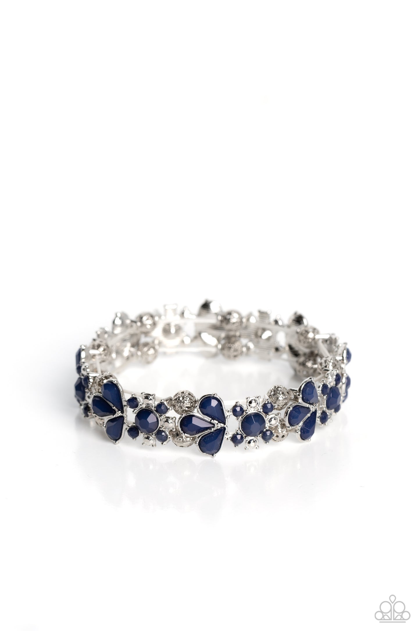 A flourishing collection of Midnight round, and teardrop beads coalesce into abstract floral-inspired frames. Separating each floral frame, airy, silver-studded beads are infused along elastic stretchy bands, creating a dash of shimmer to the whimsically colorful design around the wrist. Sold as one individual bracelet.