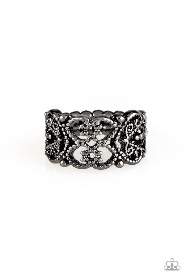 Brushed in an antiqued shimmer, dotted gunmetal filigree whirls across the finger, creating a frilly band. Features a stretchy band for a flexible fit. Sold as one individual ring.