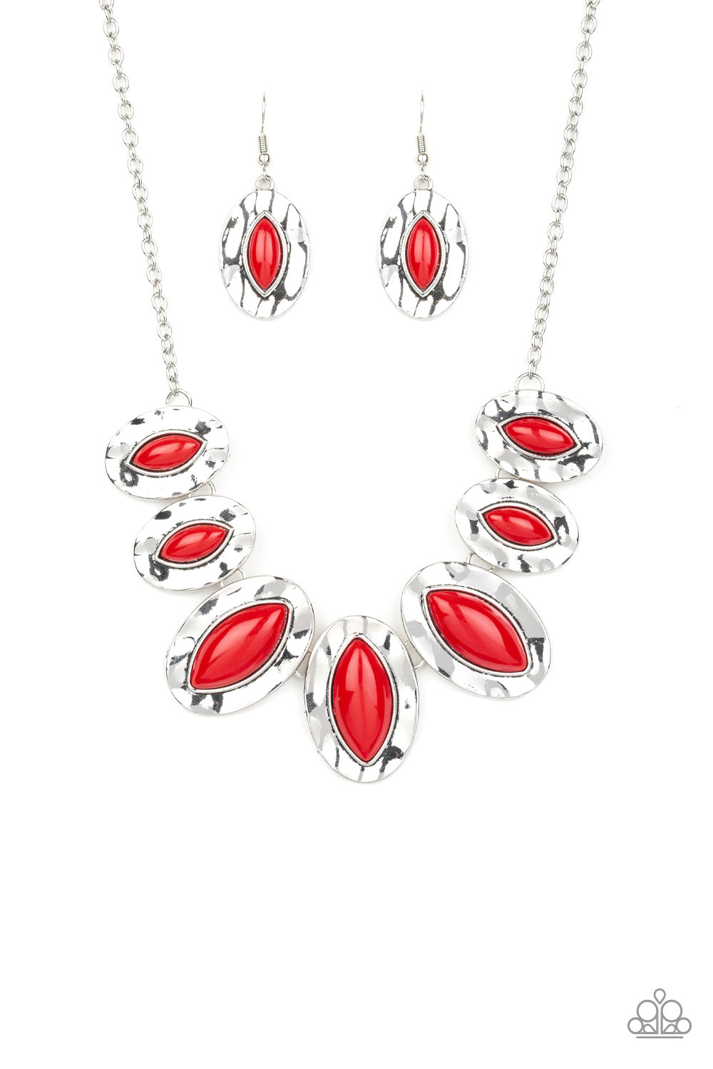 Dotted with fiery red beads, a collection of hammered geometric frames gradually increase in size as they fan out below the collar for a boldly colorful look. Features an adjustable clasp closure. Sold as one individual necklace. Includes one pair of matching earrings.
