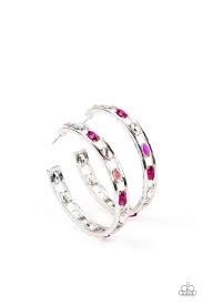 Dainty marquise-cut gems in varying finishes of pink fall in line between two bars of silver, creating an airy hoop as they curl around the ear. Earring attaches to a standard post fitting. Hoop measures approximately 1.75" in diameter. Due to its prismatic palette, color may vary. Sold as one pair of hoop earrings.