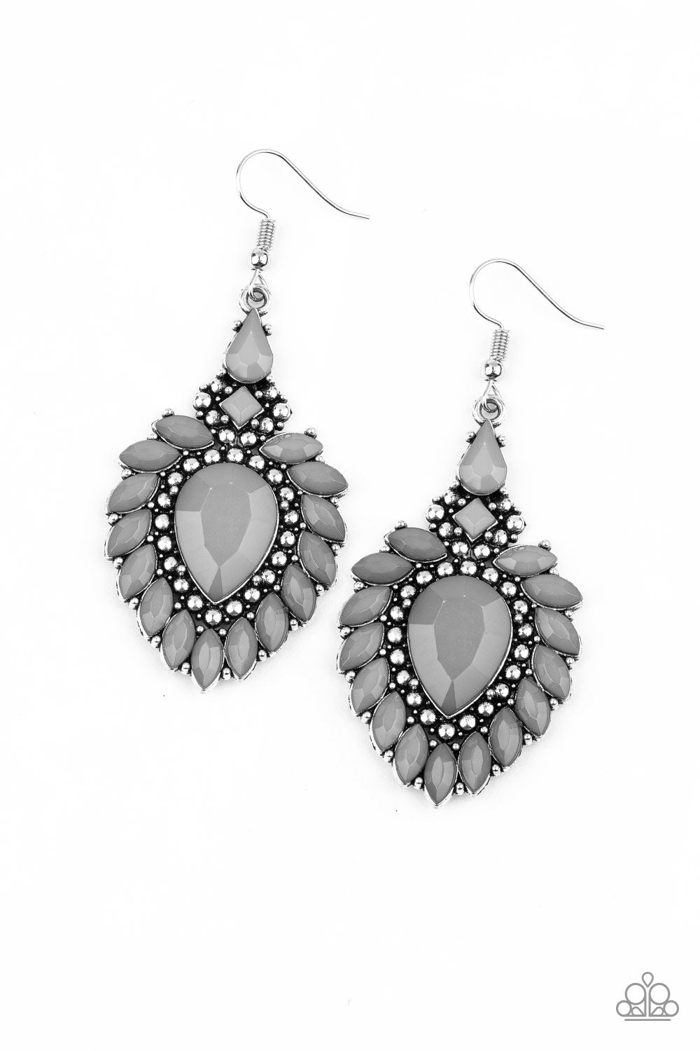 Featuring a timeless shade of gray, a regal collection of faceted square, teardrop, and marquise style beads spin around a studded frame for a seasonal flair. An oversized gray teardrop bead dots the center, adding a hint of drama to the colorful piece. Earring attaches to a standard fishhook fitting. Sold as one pair of earrings.