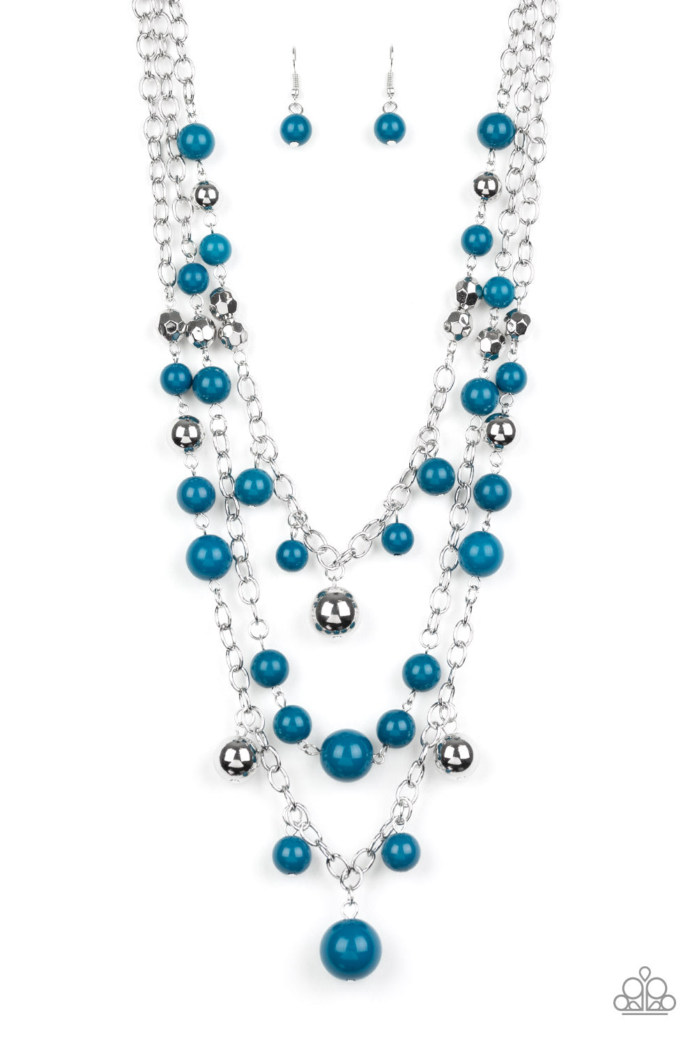 An assortment of shiny silver, faceted silver, and refreshing blue beads sporadically dot and swing from three shimmery silver chains that layer down the chest for a colorful statement-making finish. Features an adjustable clasp closure. Sold as one individual necklace. Includes one pair of matching earrings.