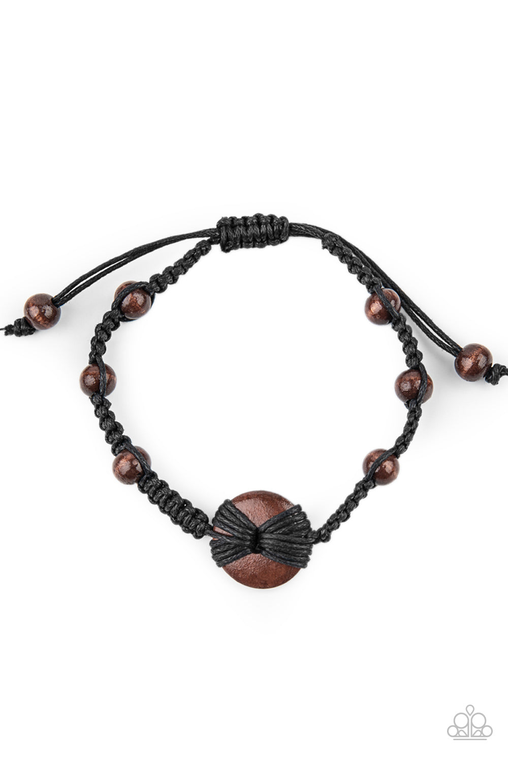 Infused with a wooden button-like centerpiece, pieces of earthy black cording delicately knot wooden beads in place around the wrist for a homespun braided look. Features an adjustable sliding knot closure. Sold as one individual bracelet.