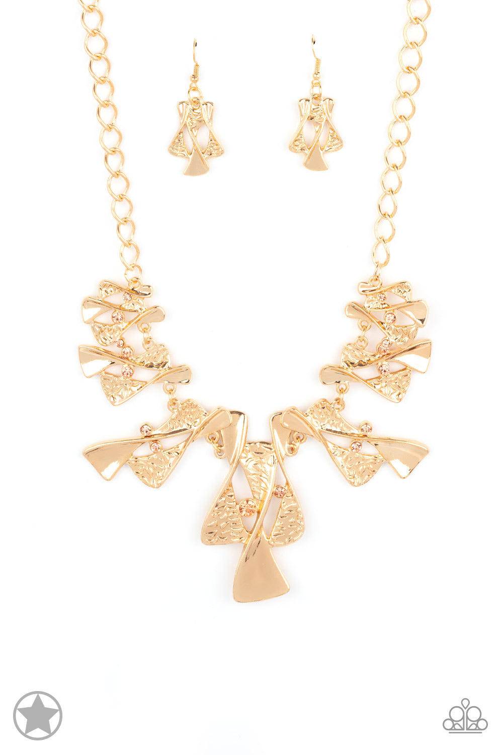 Embellished along a chunky gold chain, twisted hourglass-like shapes, half hammered in texture gradually increase in size as they get to the center of the design for an elegantly esteemed look. Dainty light peach rhinestones are randomly interspersed along the shapes, adding dazzling depth to the design. Features an adjustable clasp closure. Sold as one individual necklace. Includes one pair of matching earrings.
