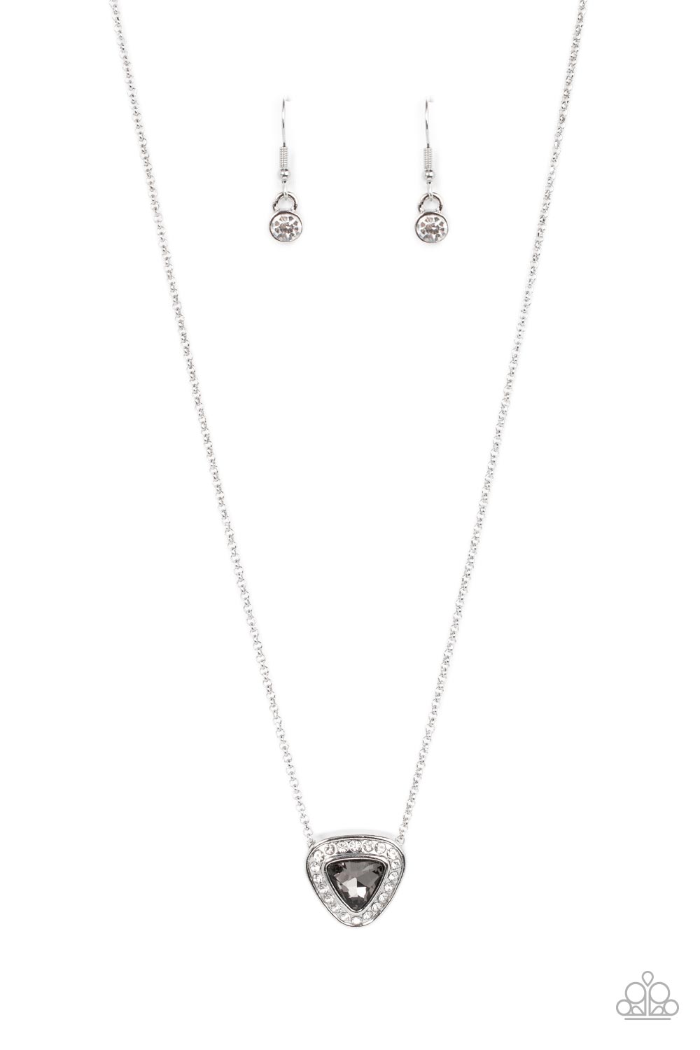 Bordered in glassy white rhinestones, a smoky triangular cut gem sparkles at the bottom of a dainty silver chain for a timeless twinkle below the collar. Features an adjustable clasp closure. Sold as one individual necklace. Includes one pair of matching earrings.