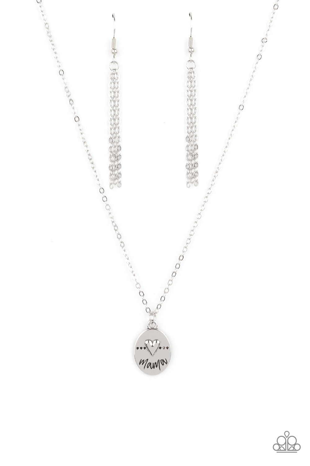 Embossed in a dainty silver heart, a dotted silver frame is stamped in the word, "Mama," creating a sentimental pendant below the collar. Features an adjustable clasp closure. Sold as one individual necklace. Includes one pair of silver fringe earrings.