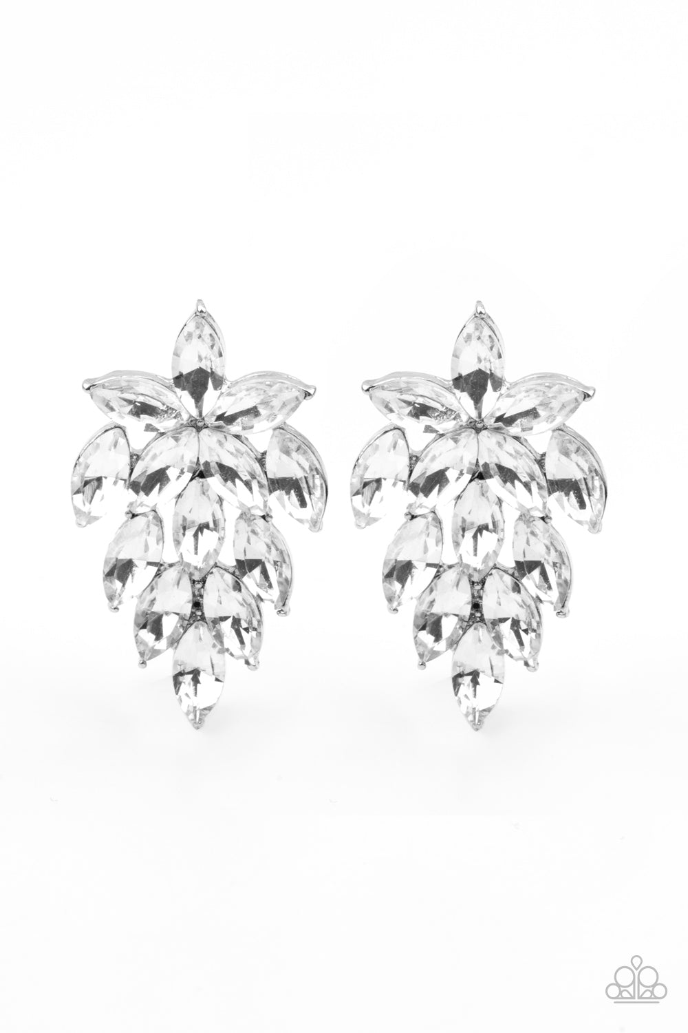 Featuring dainty silver studded accents, a sparkly collection of marquise cut white rhinestones flare out from the bottom of floral arranged rhinestones for a flauntable finish. Earring attaches to a standard post fitting. Sold as one pair of post earrings.