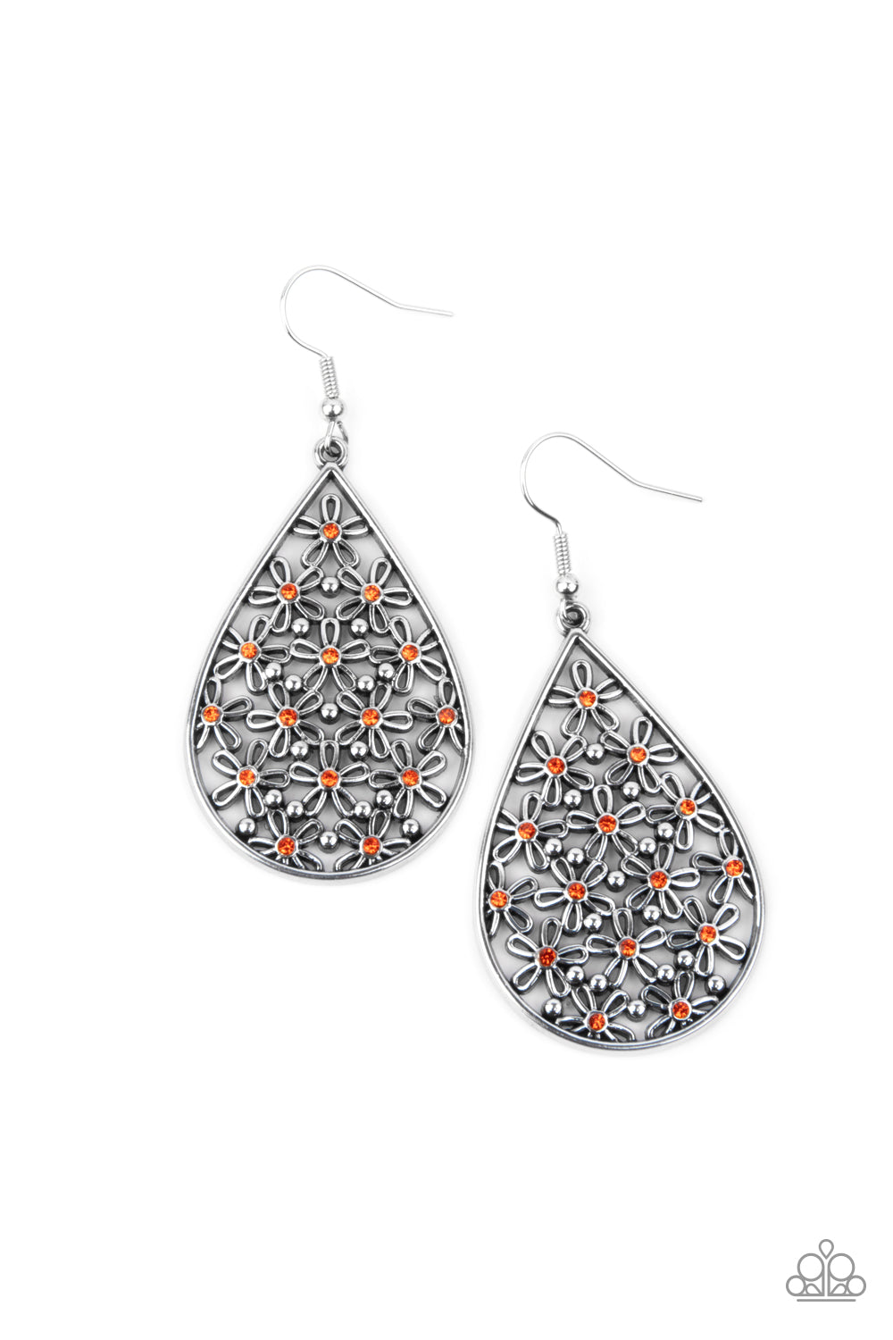 Featuring dainty orange rhinestone centers, airy silver flowers and dainty silver studs coalesce inside a teardrop frame for a whimsical look. Earring attaches to a standard fishhook fitting. Sold as one pair of earrings.