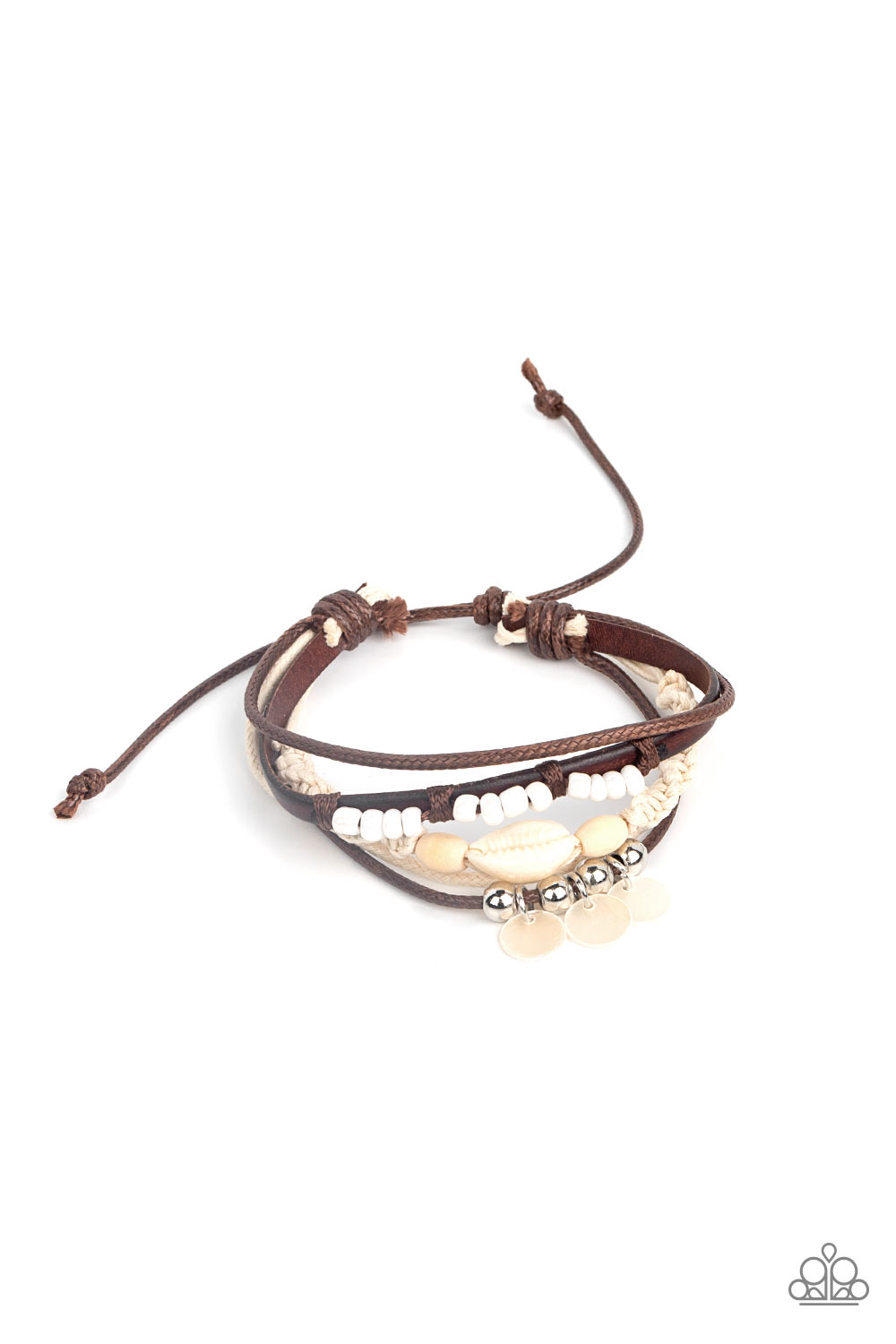 An assortment of pearly white seed beads, white shells, and earthy wooden accents adorns mismatched strands of leather and colorful cording around the wrist for a summery vibe. Features an adjustable sliding knot closure. Sold as one individual bracelet.