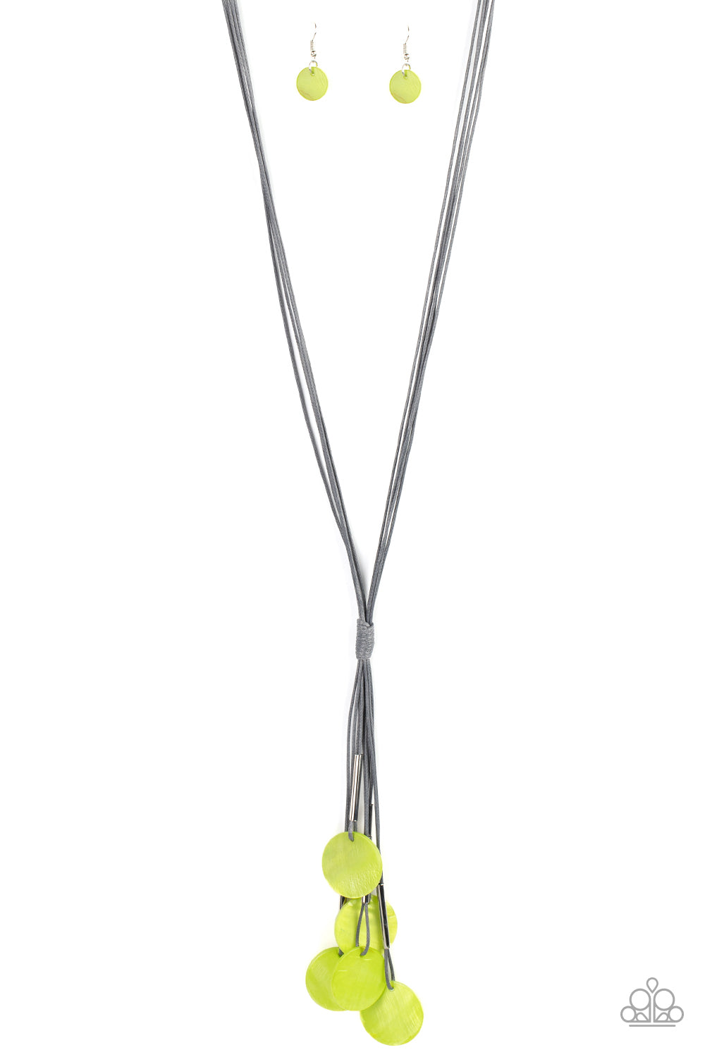 Featuring cylindrical silver accents, iridescent green shell-like discs swing from the ends of knotted Ultimate Gray cords, creating a vivacious tassel. Features an adjustable sliding knot closure. Sold as one individual necklace. Includes one pair of matching earrings.