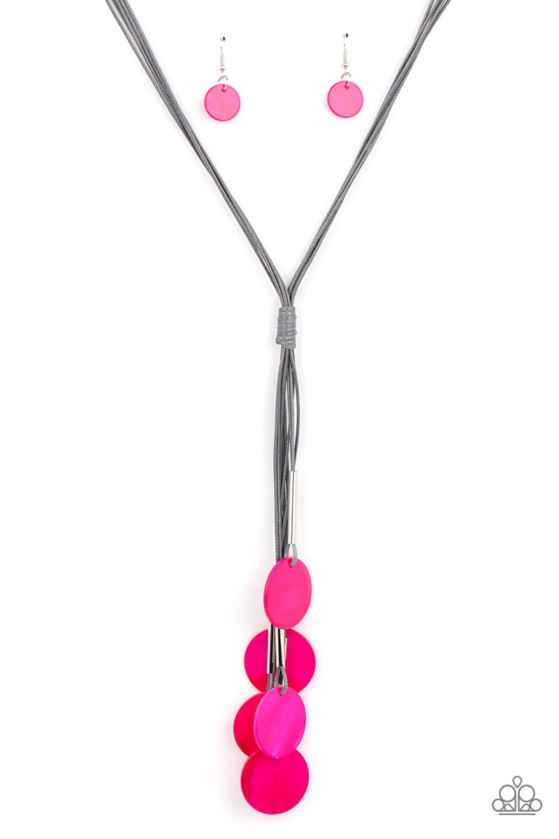 Featuring cylindrical silver accents, iridescent pink shell-like discs swing from the ends of knotted Ultimate Gray cords, creating a flamboyant tassel. Features an adjustable sliding knot closure. Sold as one individual necklace. Includes one pair of matching earrings.