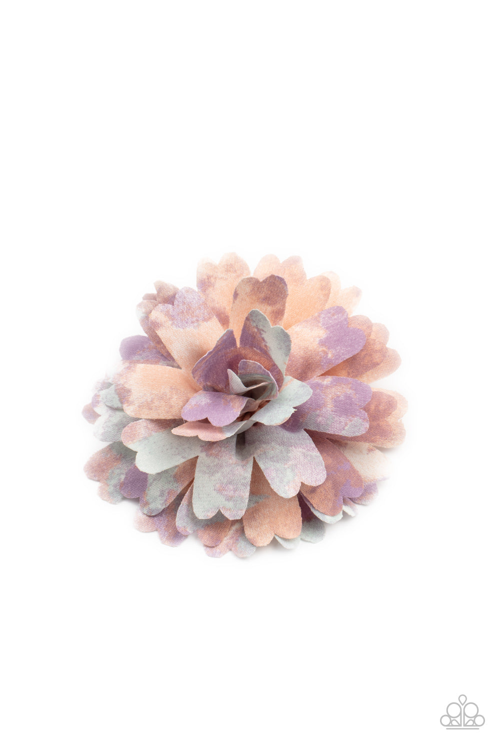 Featuring blue, pink, and purple tie dyed accents, scalloped petals gather in a colorful flower. Features a standard hair clip on the back. Sold as one individual hair clip.