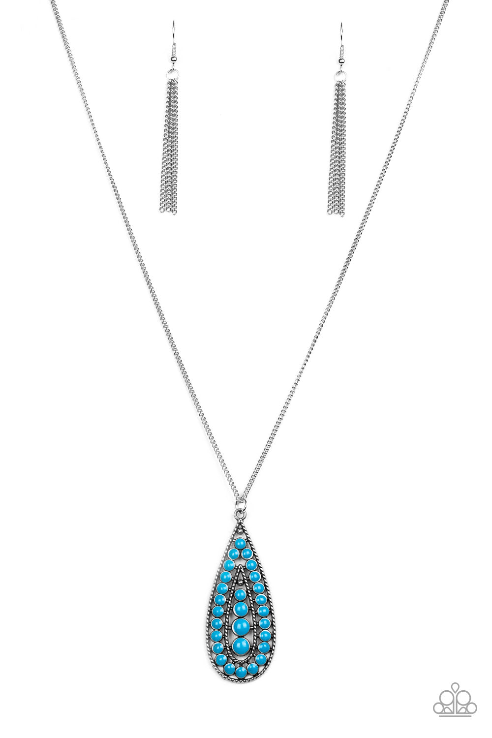Brushed in a refreshing blue finish, a bubbly silver teardrop swings from the bottom of an elongated silver chain for a tribal-inspired look. Features an adjustable clasp closure. Sold as one individual necklace. Includes one pair of matching earrings.