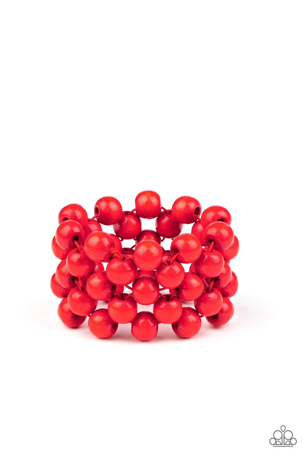An oversized collection of fiery red wooden beads are threaded along stretchy bands that ornately weave across the wrist, creating a decorative summery pattern. Sold as one individual bracelet.