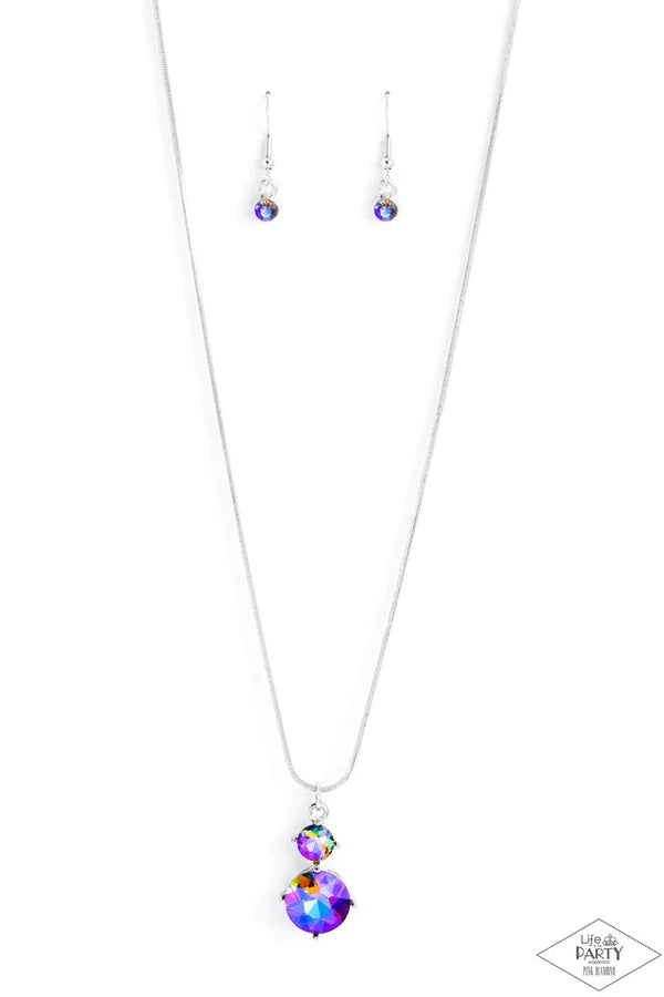 Women's silver necklace with multi colored cirlcle rhinestones