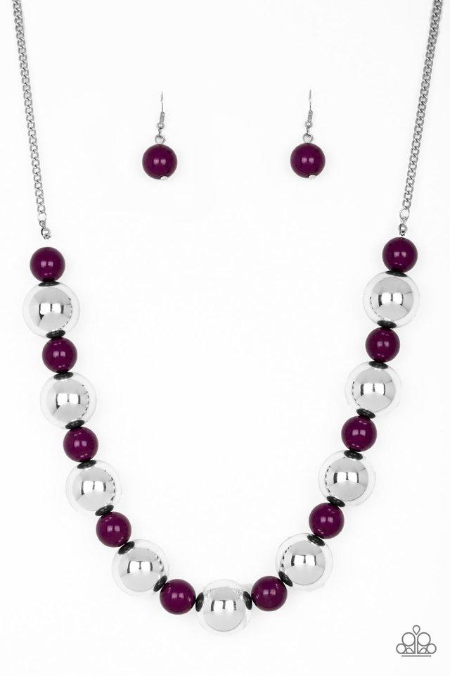 Polished purple beads and dramatic silver beads drape below the collar for a perfect pop of color. Features an adjustable clasp closure. Sold as one individual necklace. Includes one pair of matching earrings.