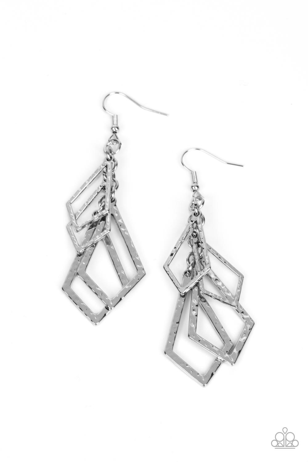 Hammered trapezoidal silver frames trickle from a dainty silver chain, cascading into an edgy geometric tassel. Earring attaches to a standard fishhook fitting. Sold as one pair of earrings.