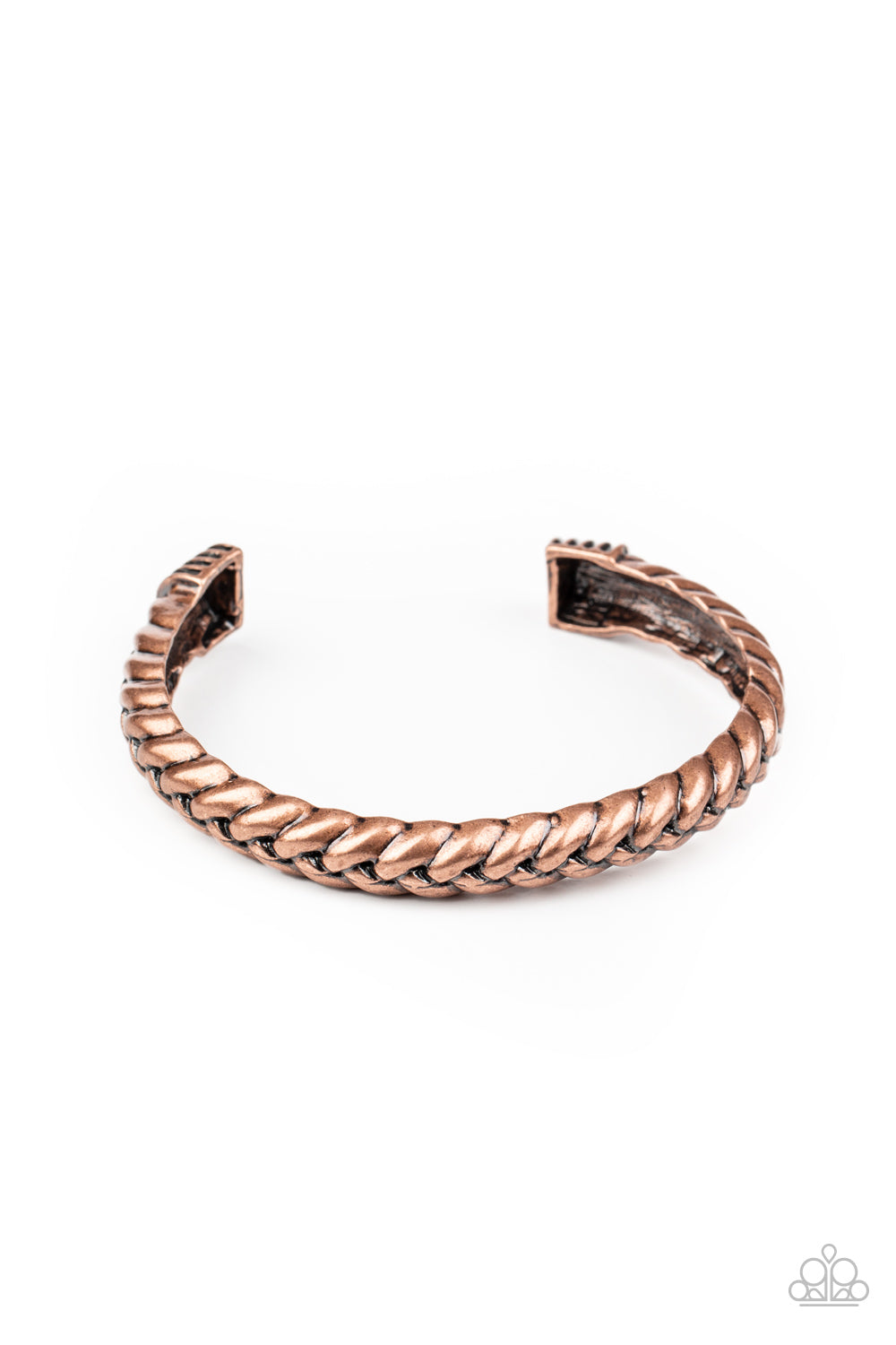 Infused with decorative copper fittings, antiqued copper bars thickly weave into a bold industrial cuff around the wrist. Sold as one individual bracelet.