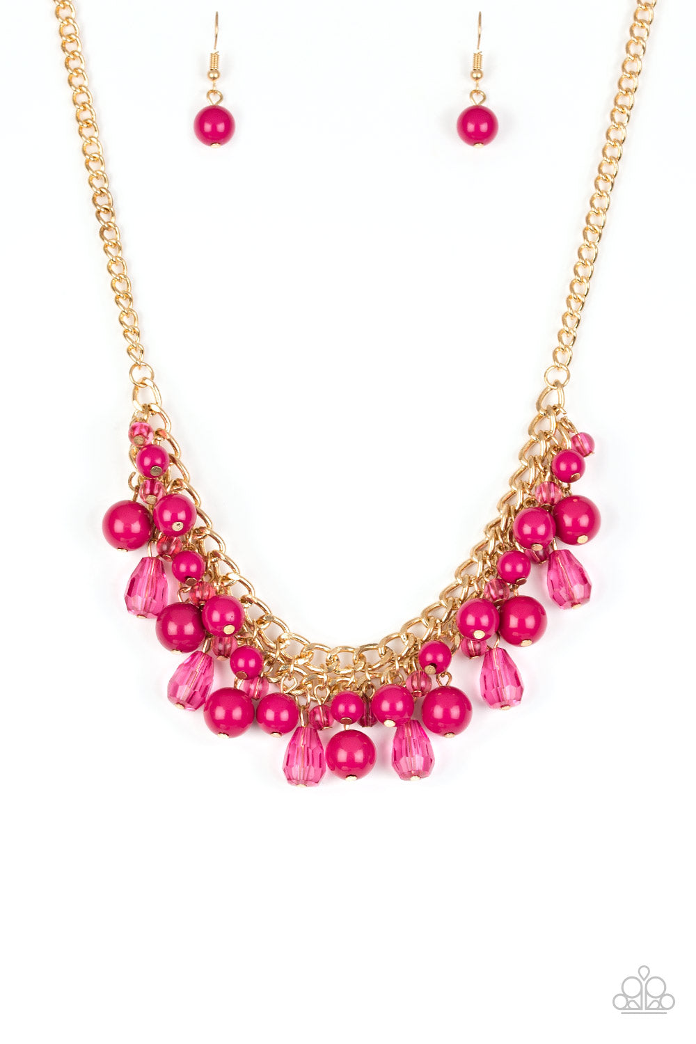 Varying in shape, glassy and polished pink beads swing from the bottom of interlocking gold chains. Crystal-like teardrops are sprinkled along the colorful beading, creating a flirtatious fringe below the collar. Features an adjustable clasp closure. Sold as one individual necklace. Includes one pair of matching earrings.