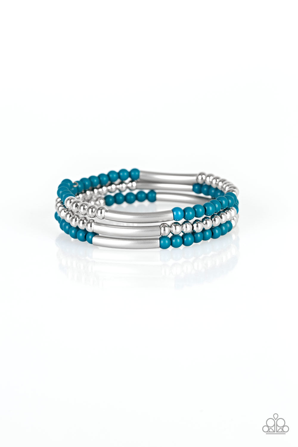 A collection of refreshing blue and shiny silver accents are threaded along a long wire to create an infinity wrap bracelet. Coil design allows for an adjustable fit. Sold as one individual bracelet.