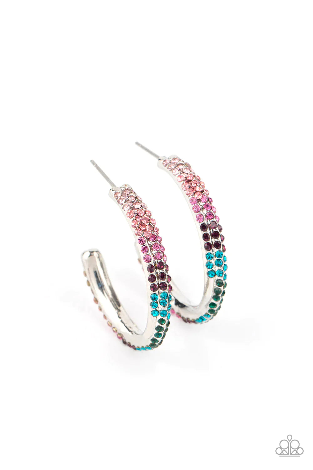 Two dainty rows of glittery multicolored rhinestone encrusted silver bars delicately overlap and twist into a hook shaped hoop for a refined flair. Earring attaches to a standard post fitting. Hoop measures approximately 1" in diameter. Sold as one pair of hoop earrings.