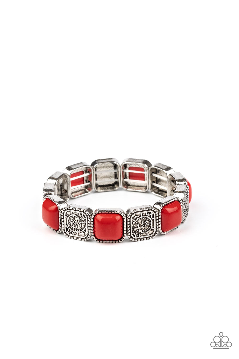 Studded in abstract textures, antiqued silver frames join square red beaded frames along a stretchy band around the wrist for a colorfully vintage look.
Sold as one individual bracelet.