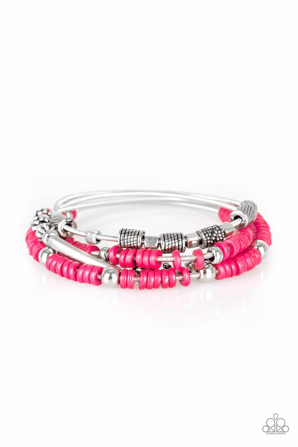 Mismatched silver accents and disc shaped pink beading slides along stretchy spring-like wires for a spunky tribal look.
Sold as one set of four bracelets.