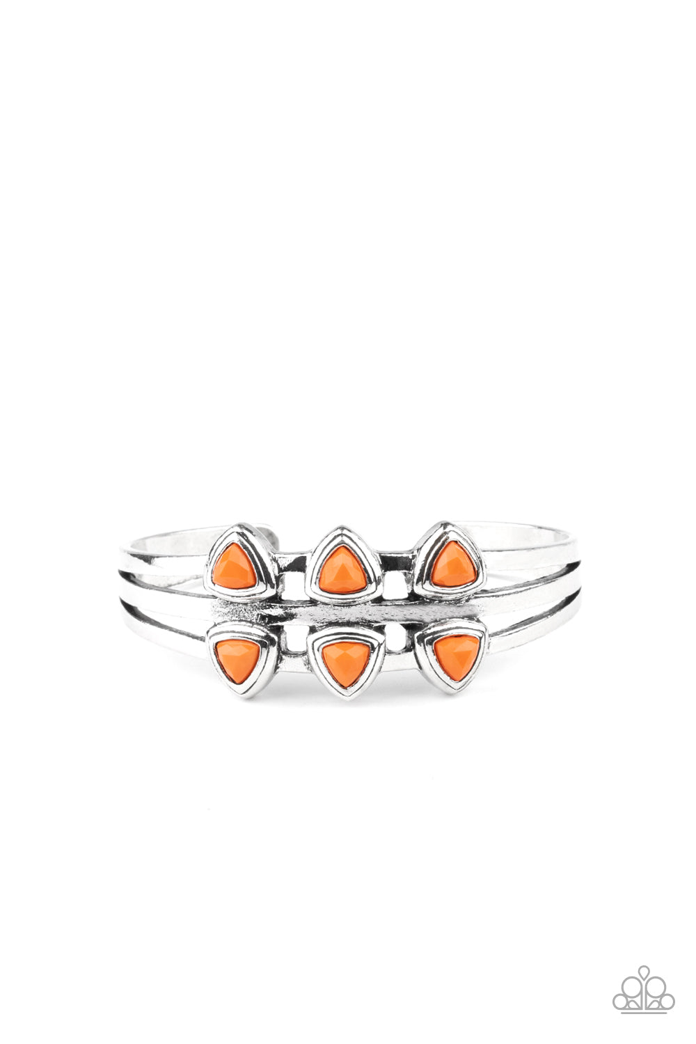 Rows of faceted Orange Peal triangle beads are pressed into the top of a layered silver cuff, creating a colorful centerpeice. Sold as one indivdual bracelet.